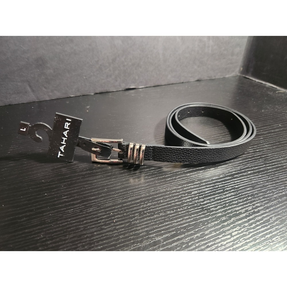 Tahari Womens Black Pebbled‎ Skinny Belt Silver Buckle TB3039/0800 Large NWT